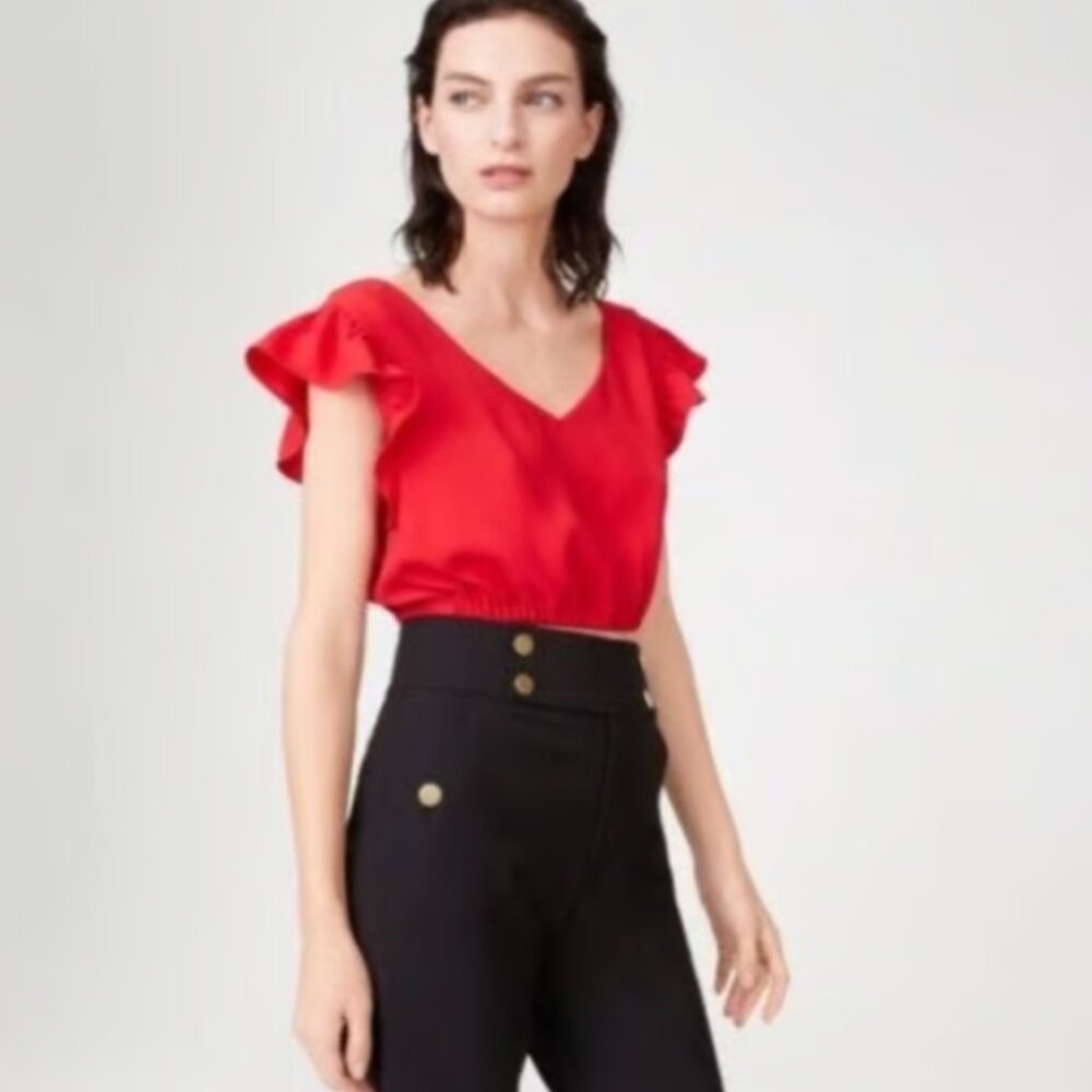 Club Monaco Visele Chemise Ruffle Crop Top in Red Size XS